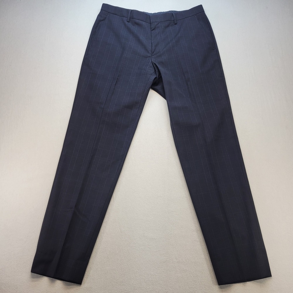 Hugo Boss Dress Pants Mens 40x30 S Navy Plaid H-Phoenix-214 Virgin Wool Trousers